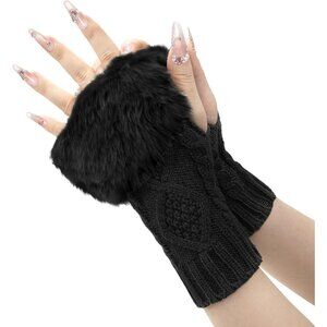 Women's Black Faux Fur Crochet Fingerless Knitted Stretchy Wrist Warmers Gloves